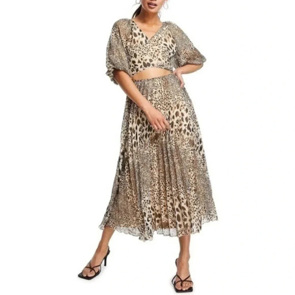 ASOS Leopard Print Puff Sleeve Faux Wrap Midi Dress B230 - Picture 1 of 5